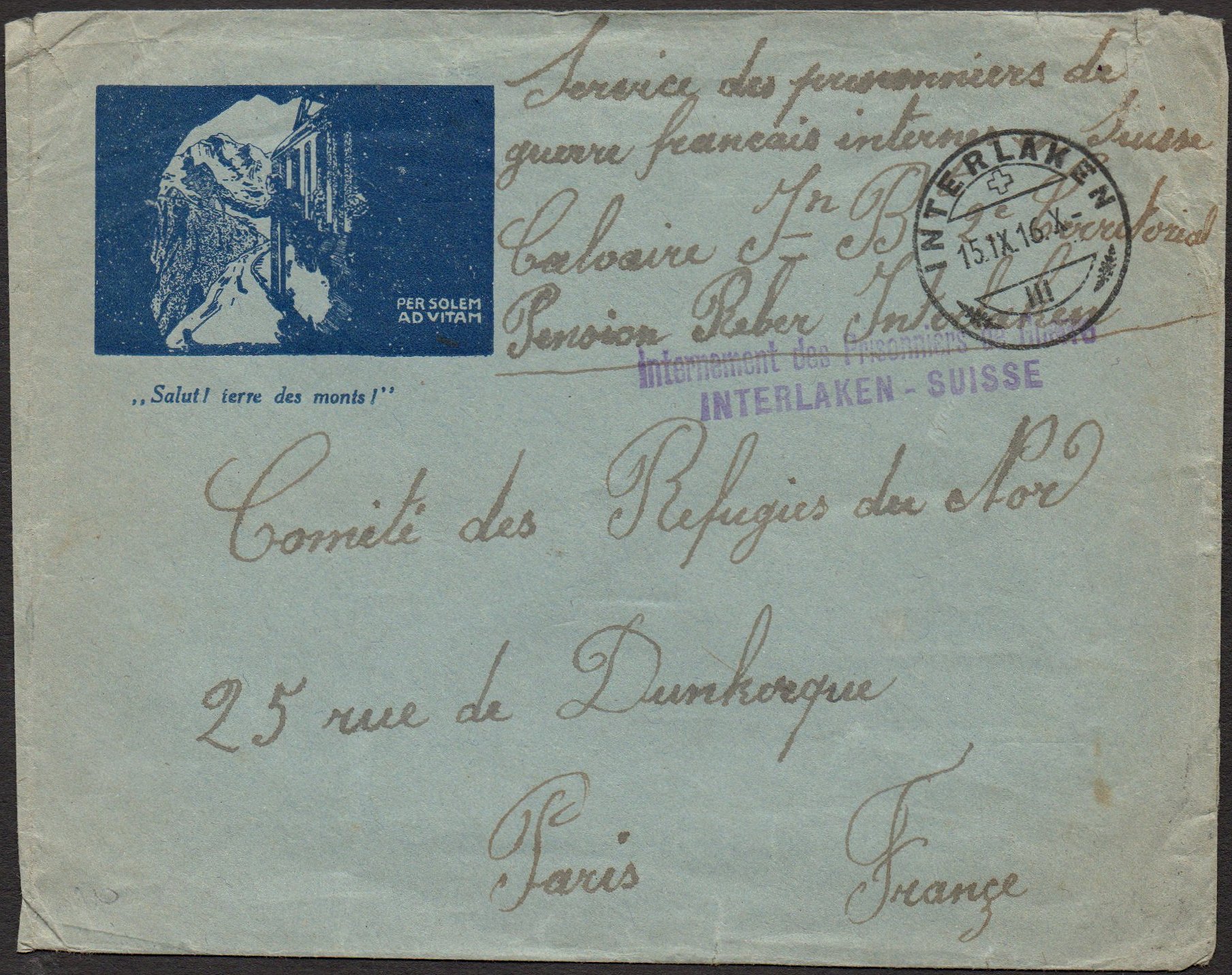 Schweiz Suisse Switzerland Internee Mail YMCA UCJG envelope Electric Train corner card
